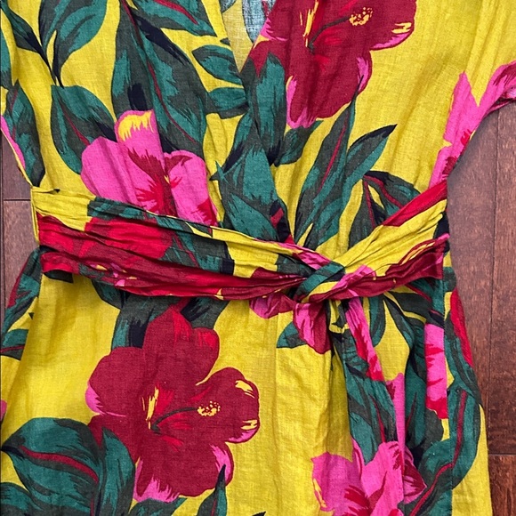 Zara Vibrant Chartreuse Hibiscus Floral Linen Mini Dress, Size XS - Picture 7 of 16